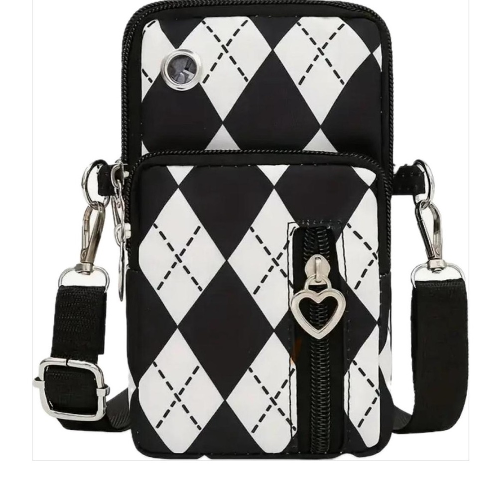 Sporty Argyle Nylon Mini Crossbody Phone Bag Heart Charm - Black & White (NWOT)